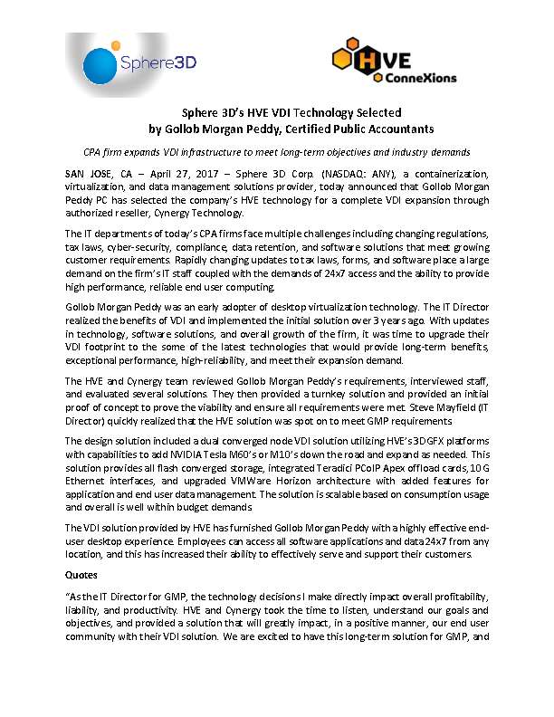 Sphere 3D’s HVE VDI Technology Selected  by Gollob Morgan Peddy, Certified Public Accountants